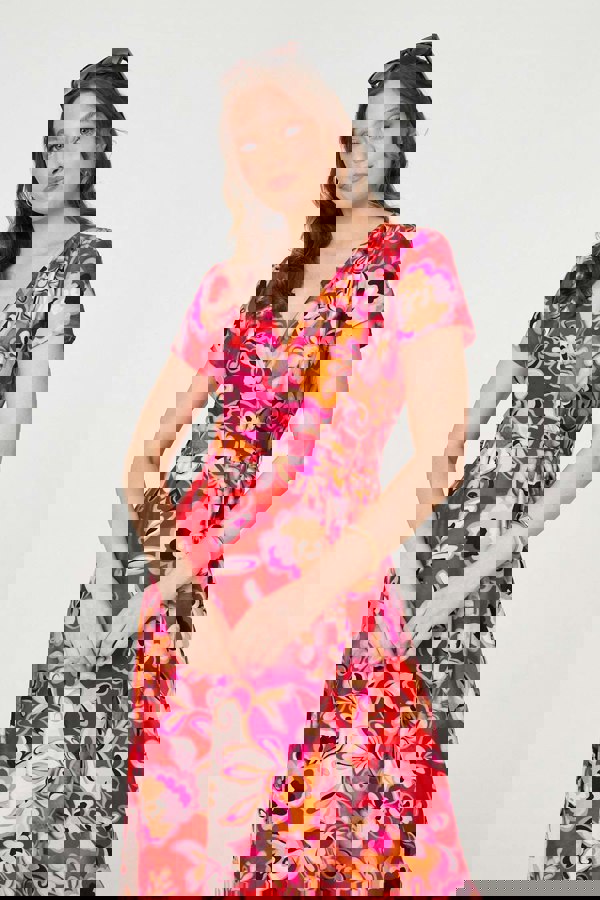 Red | Printed Short Sleeve Wrap Midi Dress
