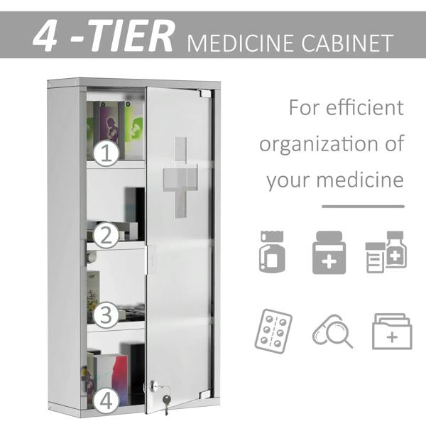 4-tier stainless medicine cabinet with frosted glass door and lock, ready to organize