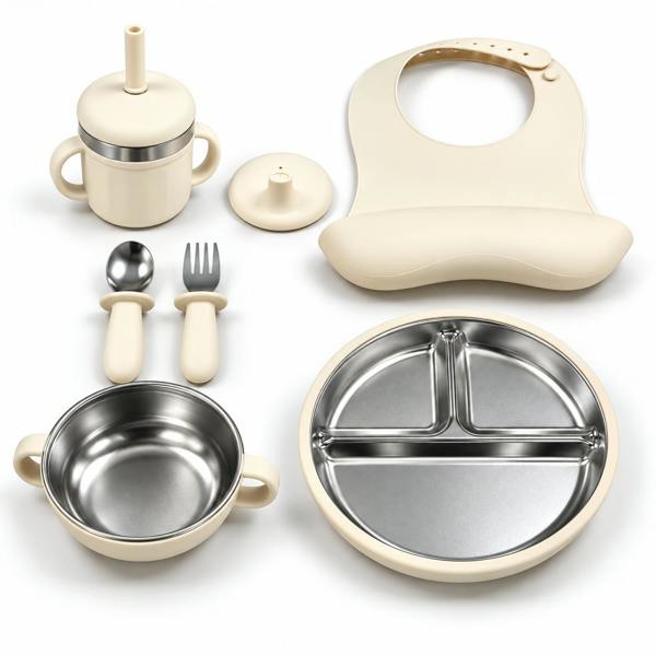 Maison des Cadeaux Baby Feeding & Weaning Set with Stainless Steel Plate, Bowl, Bib, Cup & Cutlery