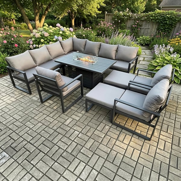 Fimous 12 Seater Aluminium Garden Furniture Set with Lounge Sofa, Gas Fire Pit Dining Table, 3 Chairs, 2 Big Footstools - Dark Grey