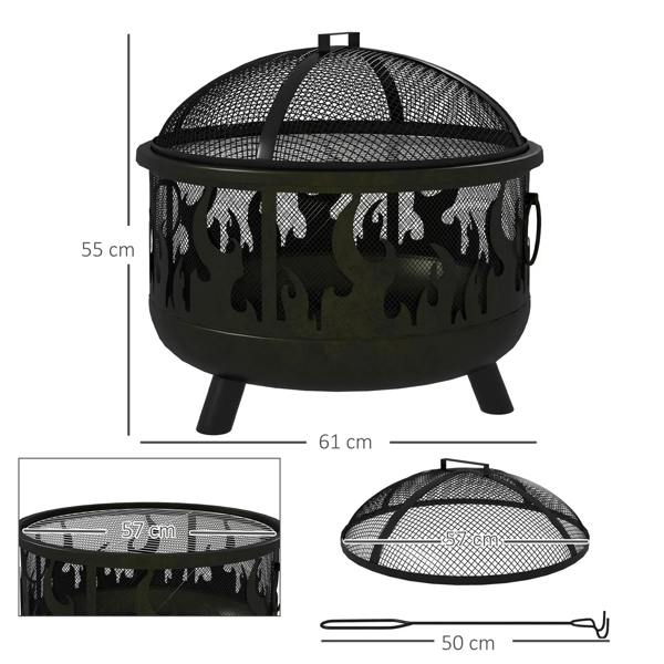 Black steel fire pit with dome mesh lid, flame cutout sides, and three short legs