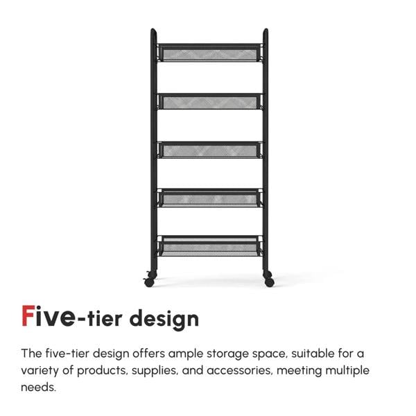 Black steel mesh storage trolley with five open baskets and curved side handles