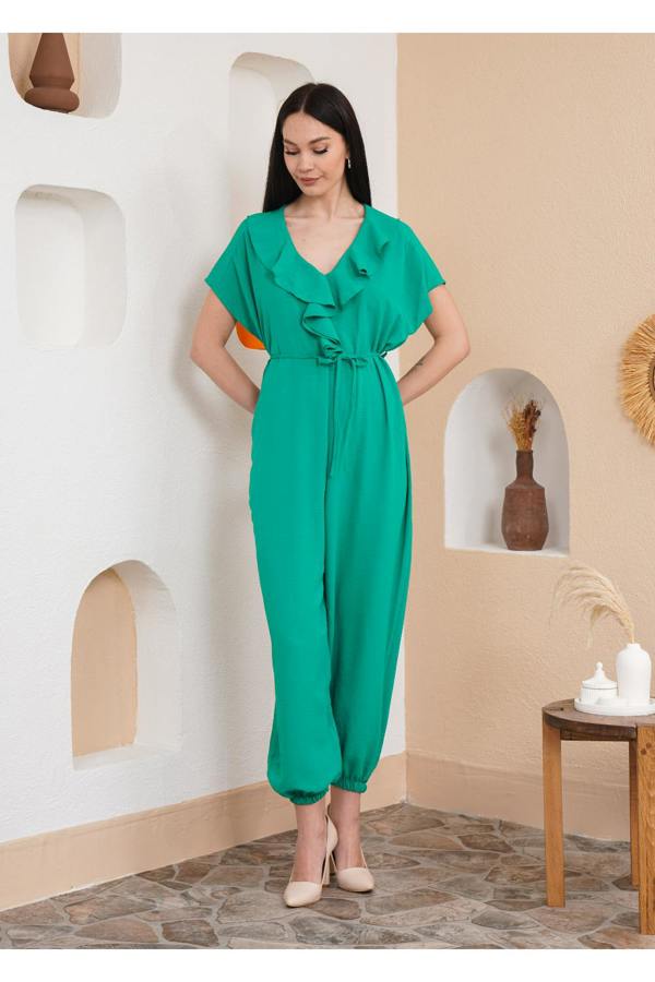 Hoxton Gal Oversized Short Sleeves Frilled Front Jumpsuit in Green