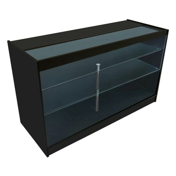 Black Helios LED shop counter set with glass shelves, sleek design, and modern finish, ideal for retail displays and merchandise storage