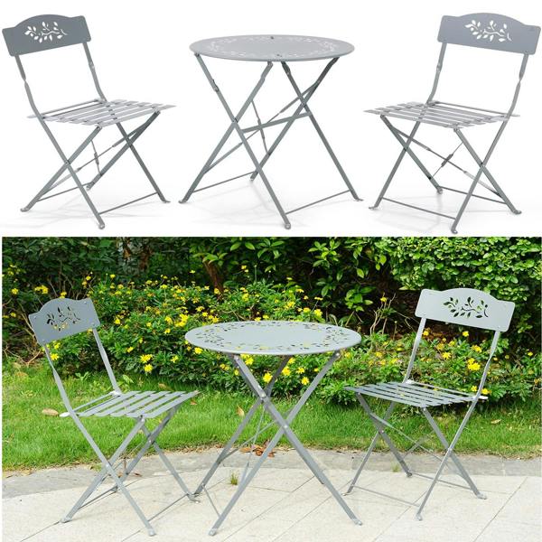 Gr8 Garden 3 Piece Grey Metal Garden Bistro Set with Leaf Design