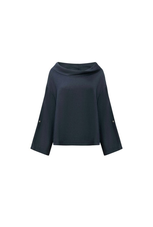 Navy linen top with draped cowl neckline