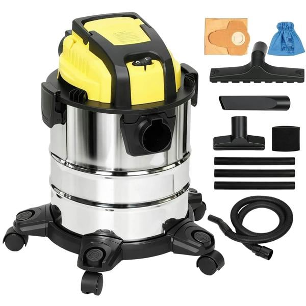 Yellow wet/dry vacuum cleaner with stainless steel drum, black attachments and wheels