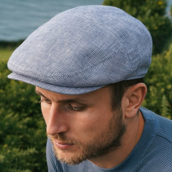 Gamble & Gunn Goodwood Baird McNutt Blue Check Irish Linen Flat Cap