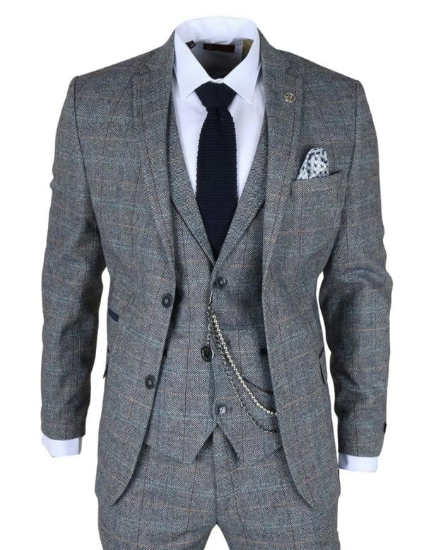 Infinity Leather Men's Light Blue Grey Check Tweed 3-Piece Suit Vintage Pattern Tailored Fit Woollen Suit