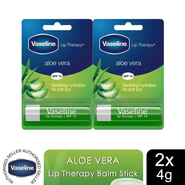 Vaseline Lip Therapy With Petroleum Jelly Balm Sticks, Aloe Vera 4g, 2 Pack