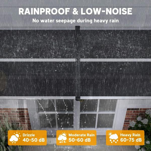 Black front door canopy awning with water-shedding roof shown in heavy rain