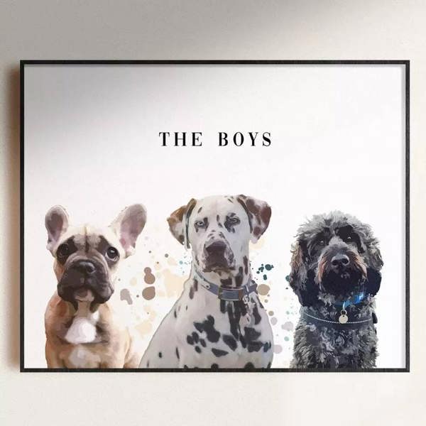 A framed custom triple pet portrait print featuring a French Bulldog, a Dalmatian, and a Schnauzer under the title THE BOYS mounted on a wall.