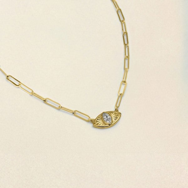Say It With Clear Stone Evil Eye Necklace - Yellow Gold Plated