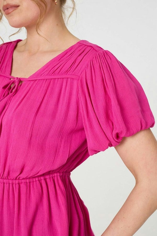 Pink | Ruched Short Puff Sleeve Peplum Blouse
