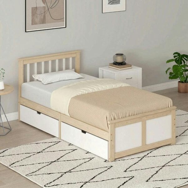 Pine Storage Bed, 3ft Single Solid Wooden Bed Frame with Drawers, Headboard, Wood Slat Support, Natural Wood Finish