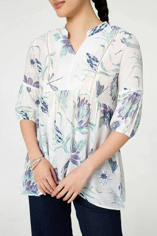 Blue | Floral Lace Ruched 3/4 Sleeve Blouse