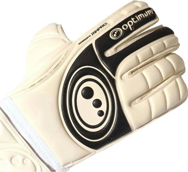 Close-up of white Optimum Mosquito MX Pro goalkeeper glove backhand with black logo panel - Optimum