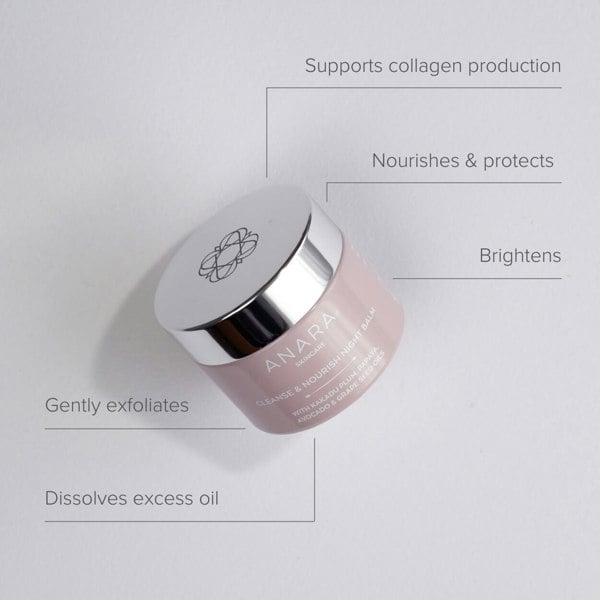 Jar of Anara Cleanse & Nourish Night Balm with product benefits listed