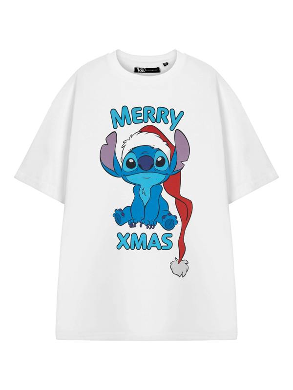 Disney Lilo & Stitch Womens White Merry Xmas Short Sleeved T-Shirt