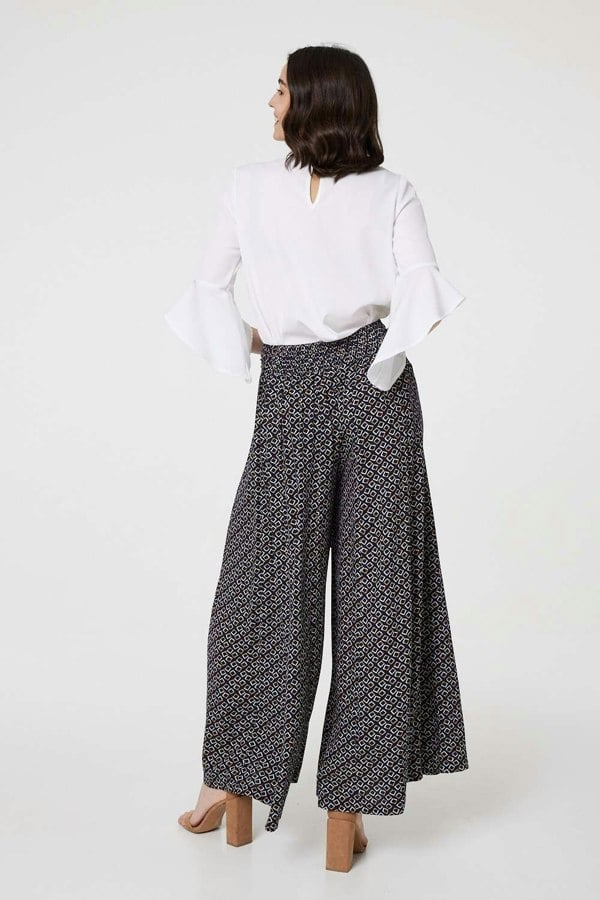 Navy | Geo Print High Waist Palazzo Trousers
