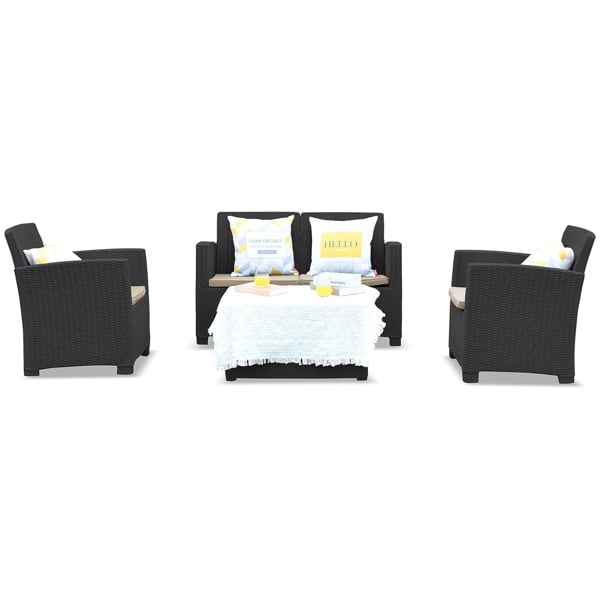 Homeology SANTANA 4 Piece PE Rattan 4-Seater with Cushions Garden Furniture and Coffee Table Set in Black