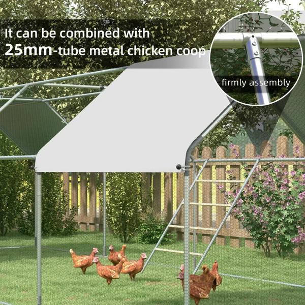 Angled chicken roosting ladder with natural wood rungs and light gray metal frame.