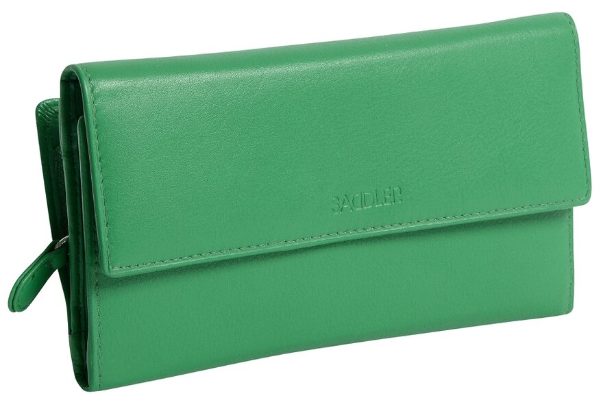 SADDLER ELLA Leather 18cm Trifold Purse - 20 Card Slots, Several Coin and Note Sections - RFID Protected - Jelly Bean