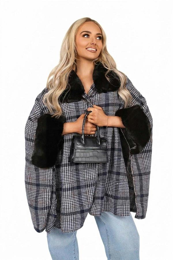 Nerina Check Oversized Jacket With Faux Fur Trim - Navy_wb