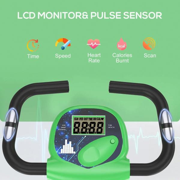 Green exercise bike console with LCD screen and pulse sensor handle grips