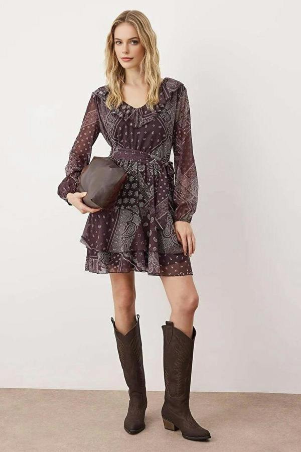 WOVCOR Boho Printed Mini Tulle Stretch Knit Dress with Ruffle Detail