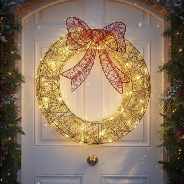 Garden Greatness 70cm Golden Elegance LED Twist Red Bow Wreath