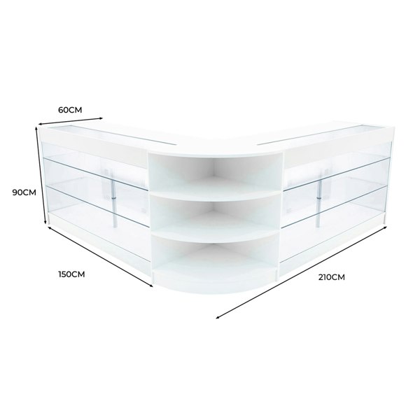 Curved white LED shop counter set with glass shelves, measuring 210cm x 150cm x 90cm, ideal for retail displays