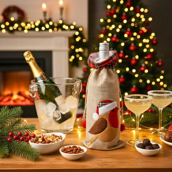 15 x 35 cm Christmas Wine Bottle Cover Bag with Drawstring, Festive Robin Printed Design image 9