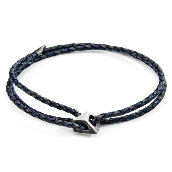 Anchor & Crew Indigo Blue Arthur Silver and Braided Leather SKINNY Bracelet