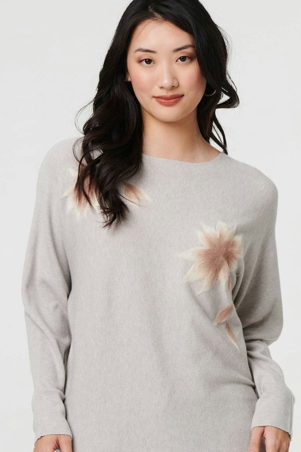 Grey | Floral Relaxed Batwing Sleeve Jumper