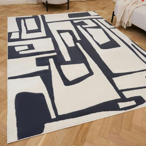 Geometric patterned rug on a wooden floor