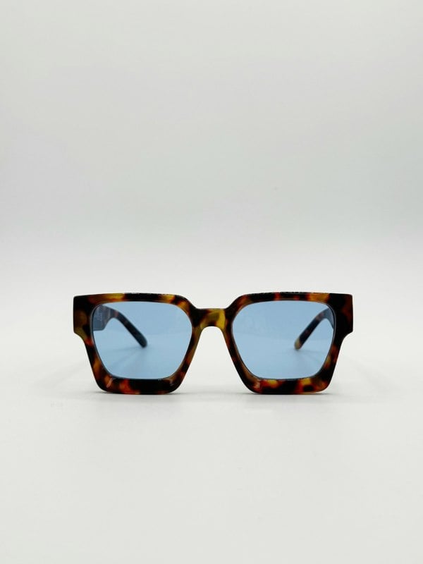 SVNX Chunky Oversize square Sunglasses in Tortoiseshell with Blue Lenses