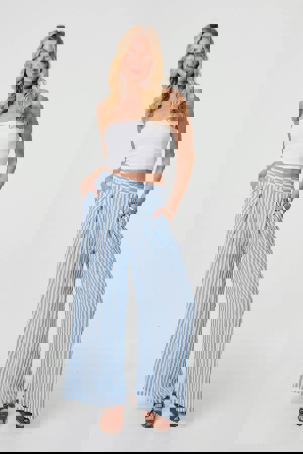 Blue | Striped High Waist Wide Leg Trousers
