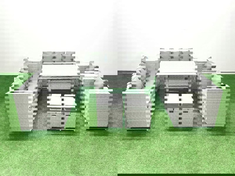 Fimous Rattan Garden Furniture Set Outdoor 8 Seater Patio Dinin g Sofa Sets with Dining Table 2 Chairs 2 Small Footstools Light Grey Mixed