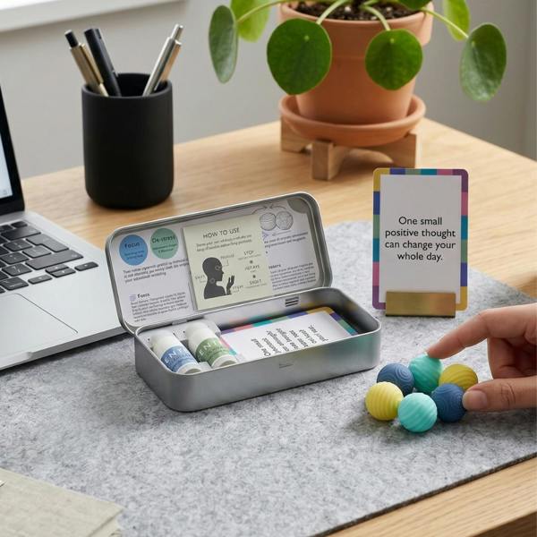 Office self-care aromatherapy set with de-stress and focus mini balms, affirmation card, and magnetic balls.