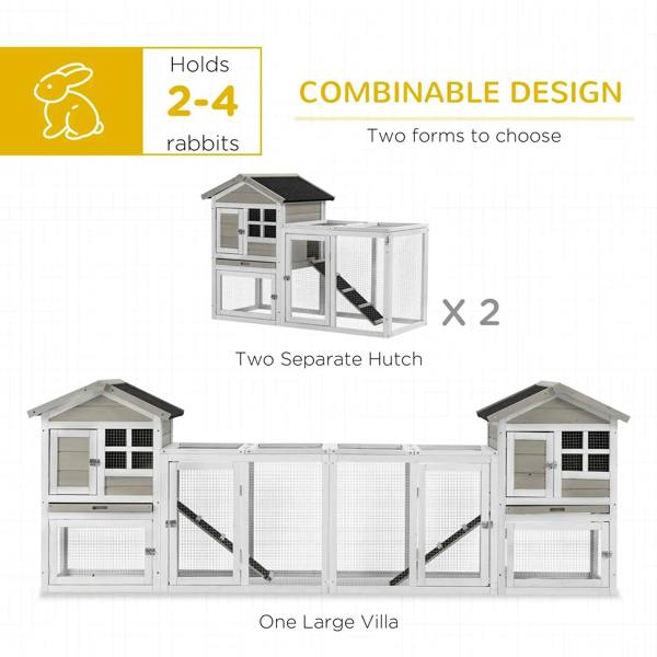 Grey 2-in-1 rabbit hutch set with two separate houses and central wired run