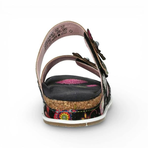 Laura Vita Brcyano 32 - Women's Black Floral Leather Strappy Slipper