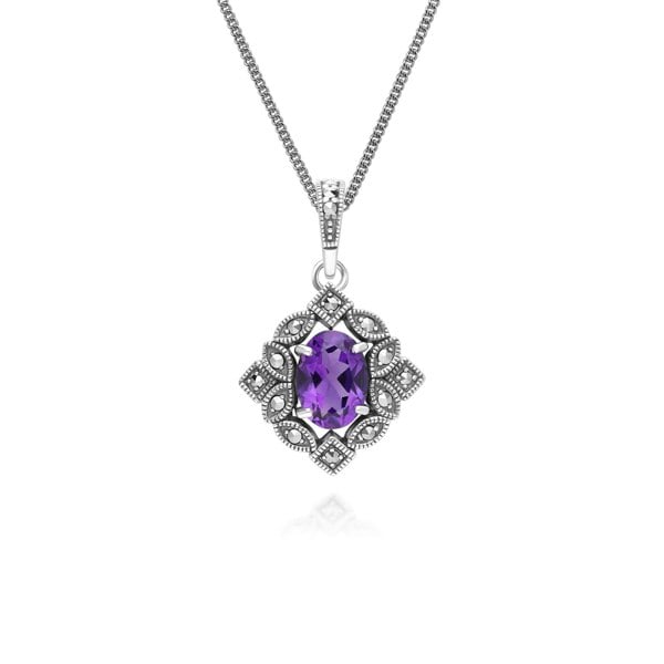Gemondo Art Deco Style Oval Amethyst & Marcasite Pendant Necklace in Sterling Silver