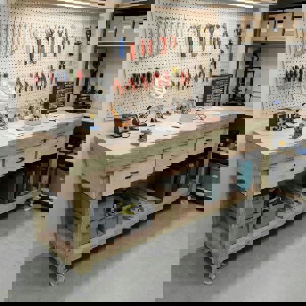 Wooden eucalyptus Top Workbench – Mobile Tool Cabinet with Drawers and Wheels, Ideal for Dry Indoor Spaces Such as Garages, Workshops, and Studios.