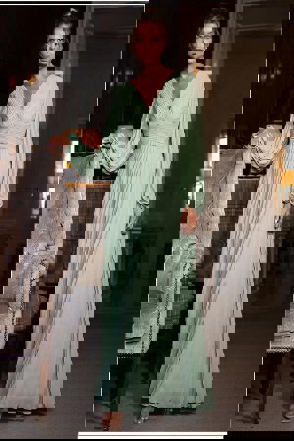 Balloon Sleeve Chiffon Maxi Dress  - Sage Green DR3041QZ