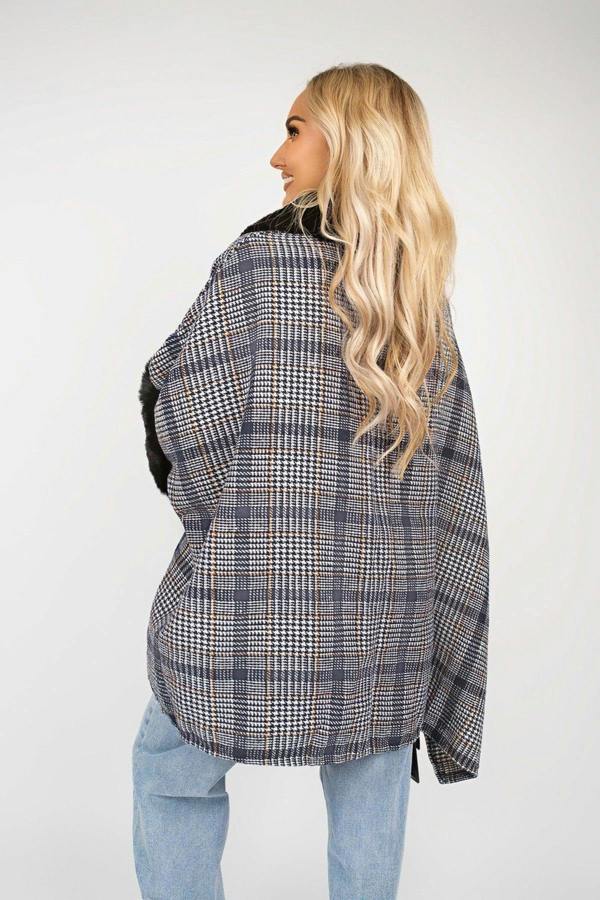 Nerina Check Oversized Jacket With Faux Fur Trim - Navy
