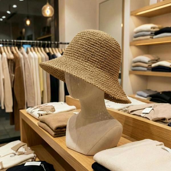 Floppy straw sun hat on mannequin in store display, wide brim and short crown