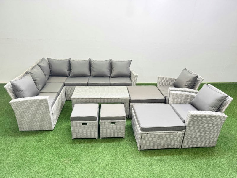 Fimous Rattan Garden Furniture Set Outdoor 12 Seater Corner Sofa Sets with Oblong Coffee Table Chair 4 Footstools Light Grey Mixed