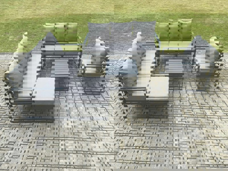 Fimous Aluminium 8 Seater Outdoor Garden Furniture Lounge Sofa Set with Square Coffee Table Chair Big Footstool Dark Grey