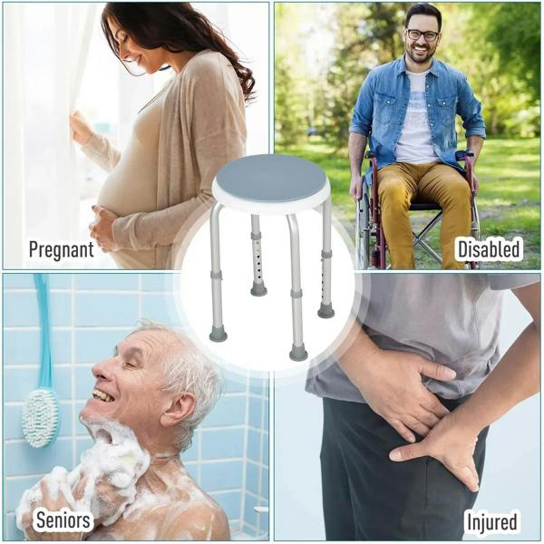 Round light blue shower stool with white legs and a blue seat.